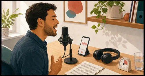 Man practicing singing into a microphone while recording his voice