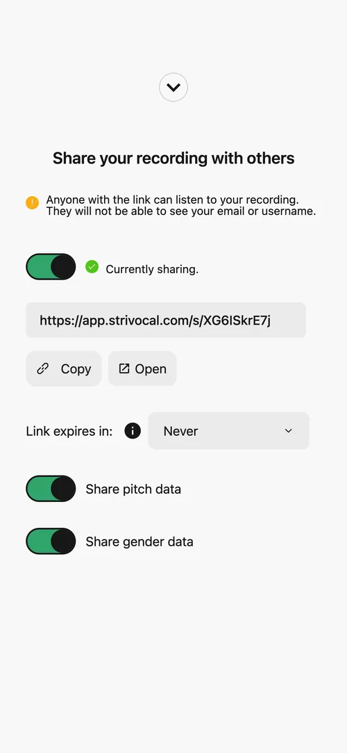 Strivocal sharing screen for sending a saved voice recording and feedback to another person