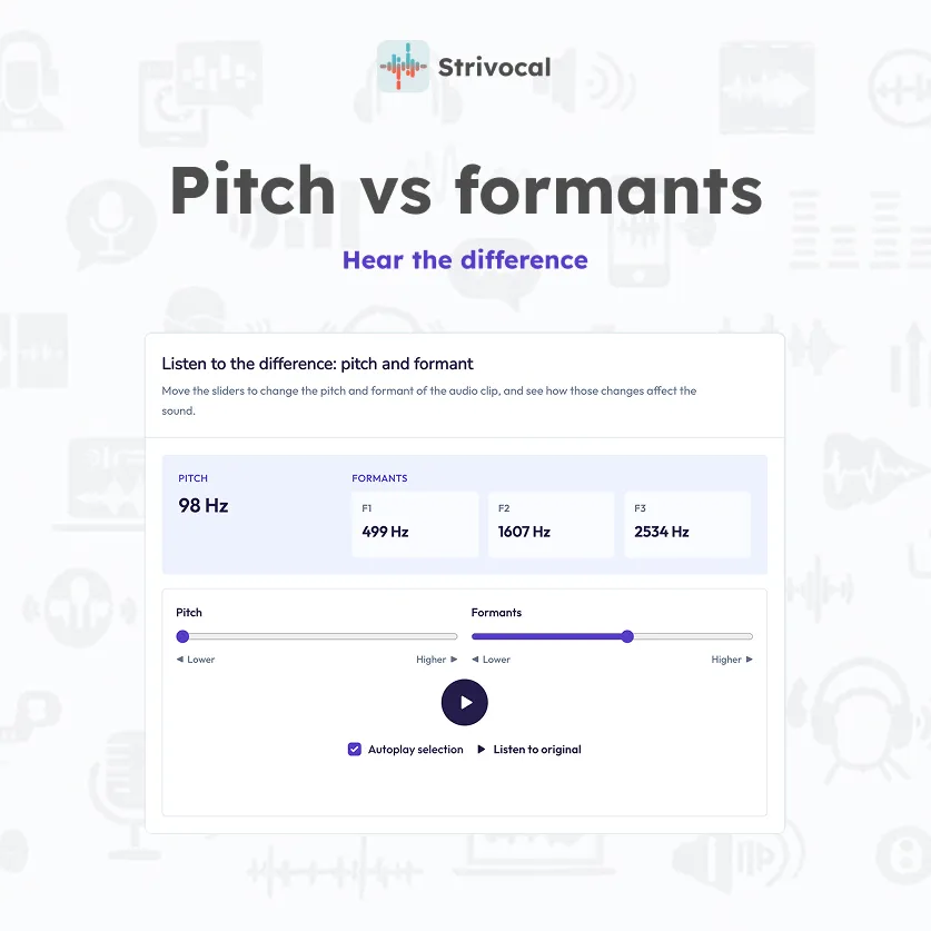 Strivocal audio demo card comparing pitch and formants