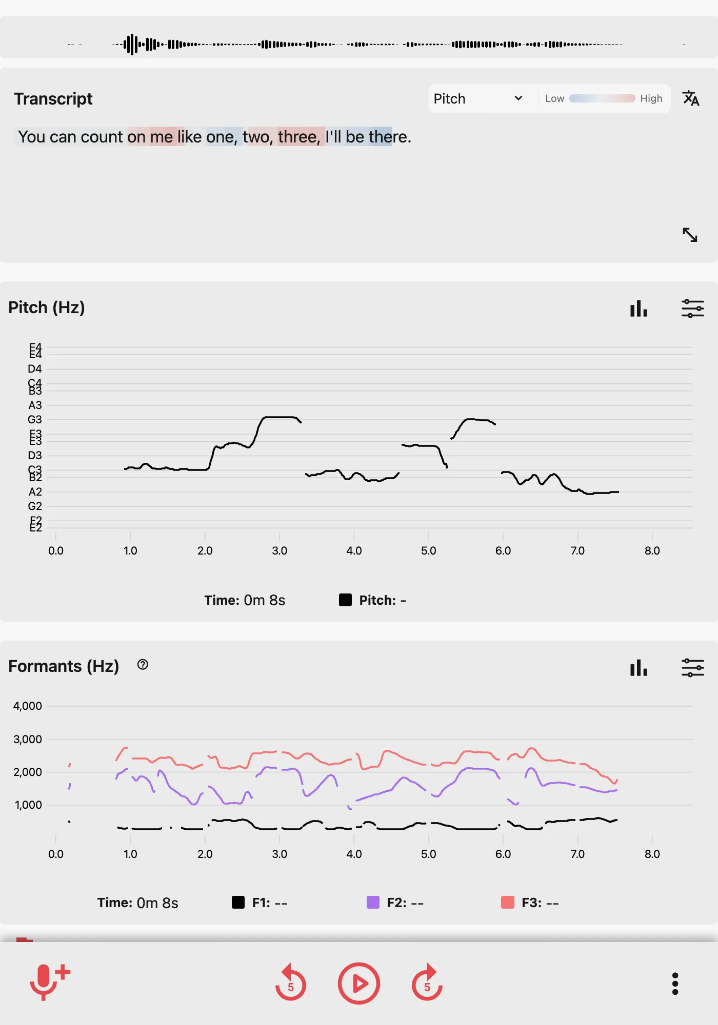 Strivocal singing recording with a pitch-colored transcript, musical-note labels, and pitch and formant charts