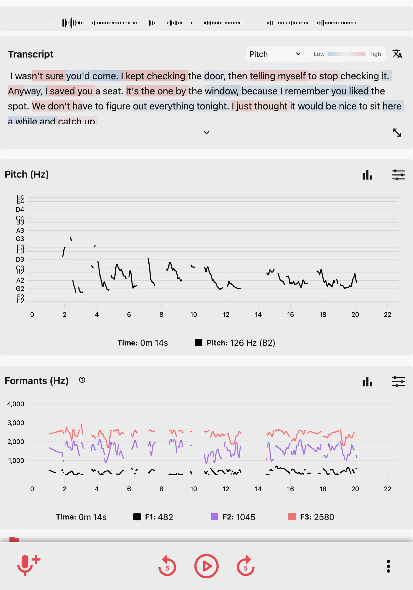 Strivocal script recording with a pitch-colored interactive transcript and pitch and formant charts