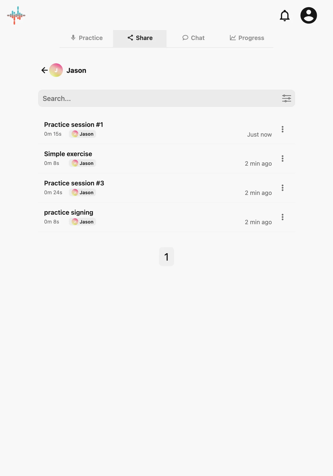 Strivocal Share tab listing practice recordings received from a student contact