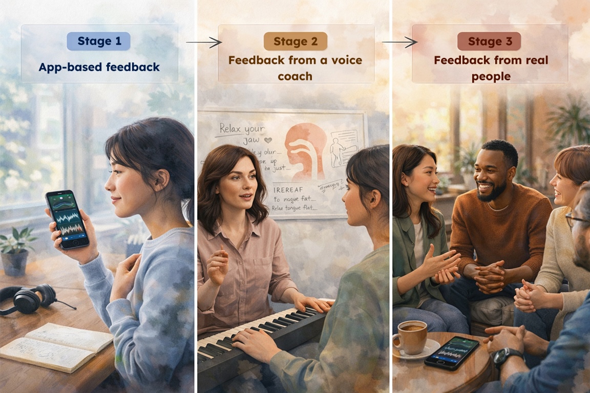 Three people representing AI, a voice coach, and a friend, illustrating different types of voice training feedback
