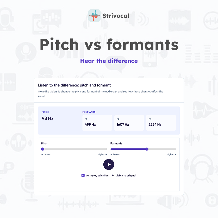 Strivocal audio demo card comparing pitch and formants
