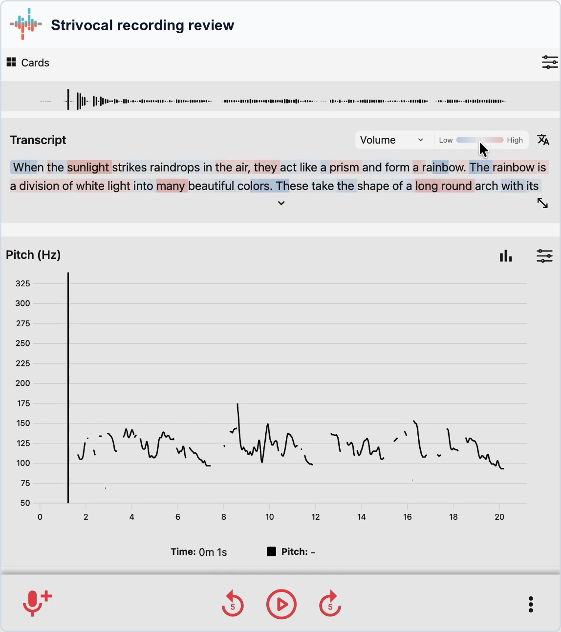 Strivocal recording review with an interactive transcript and volume overlay above a pitch chart