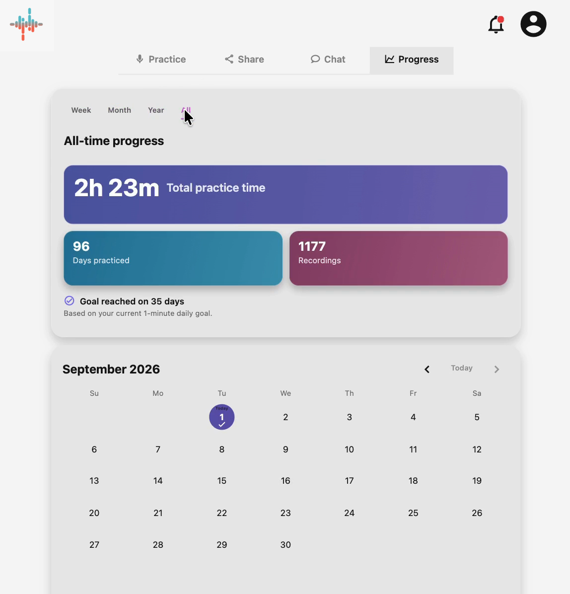 Strivocal Progress tab showing all-time practice time, days practiced, recordings, and a practice calendar