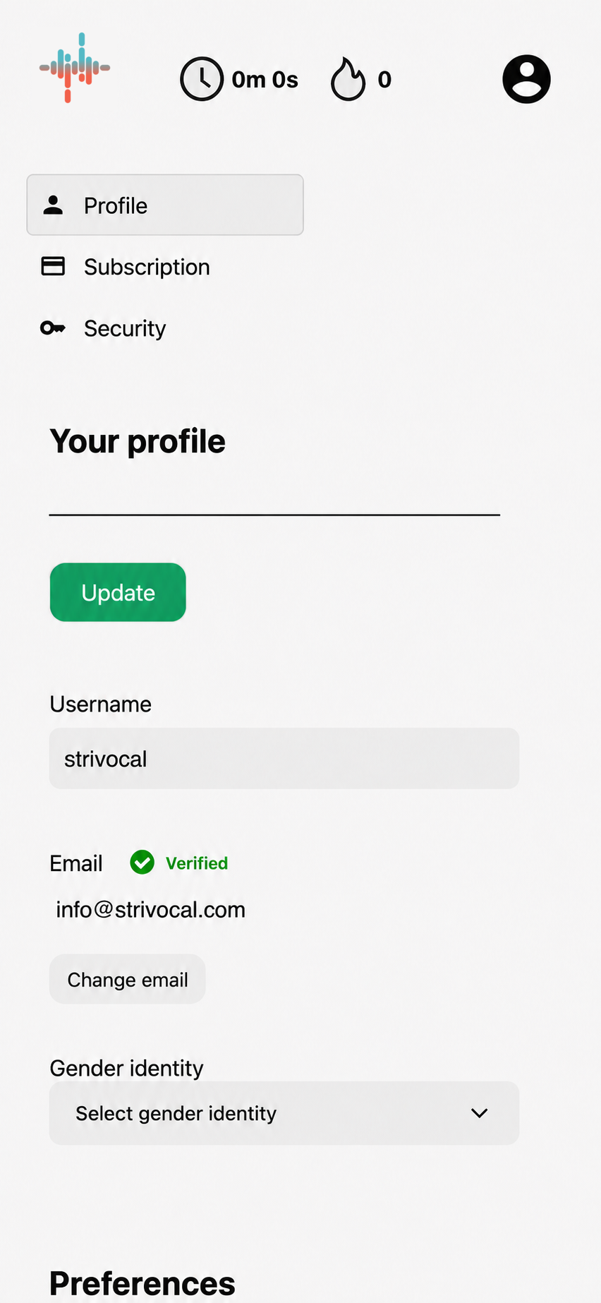 The Profile option in the Strivocal account menu