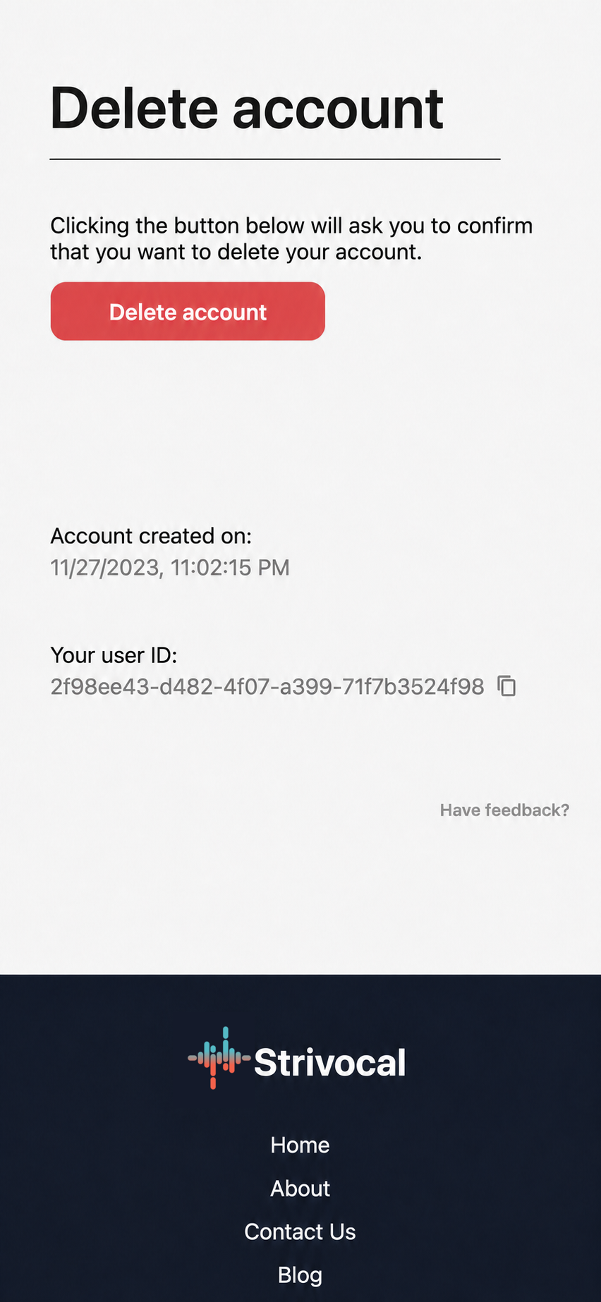 The Delete account section on the Strivocal profile page